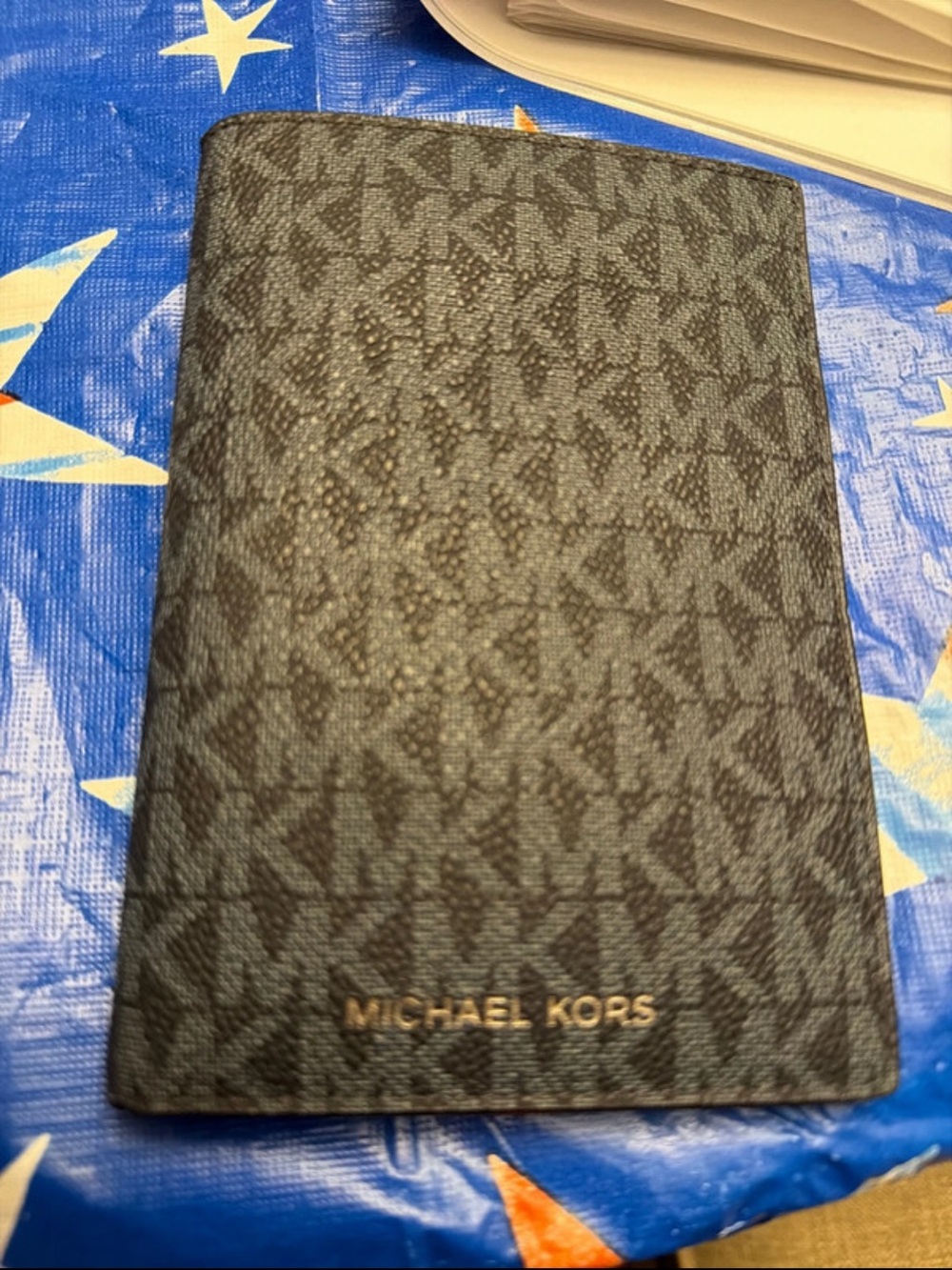Michael Kors Men's Black Logo Passport Cover with Gold Logo